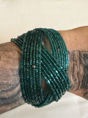 Hand Crafted Teal/Turquoise Beaded Multi-Strand Cuff Bracelet